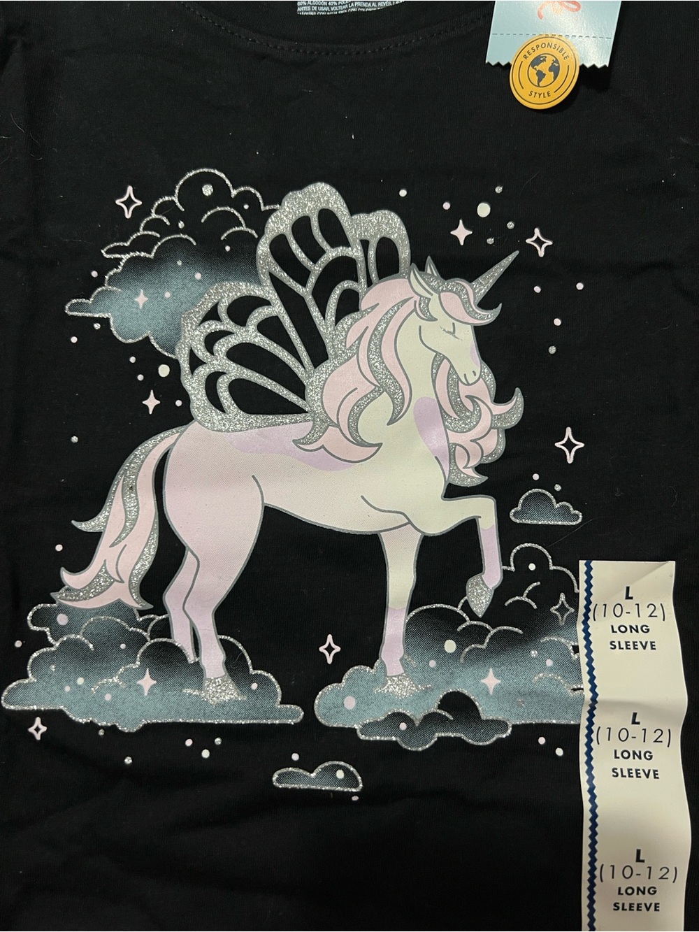 BNWT Cat & Jack Black Top with Silver Glitter Unicorn & Black Sparkly Leggings